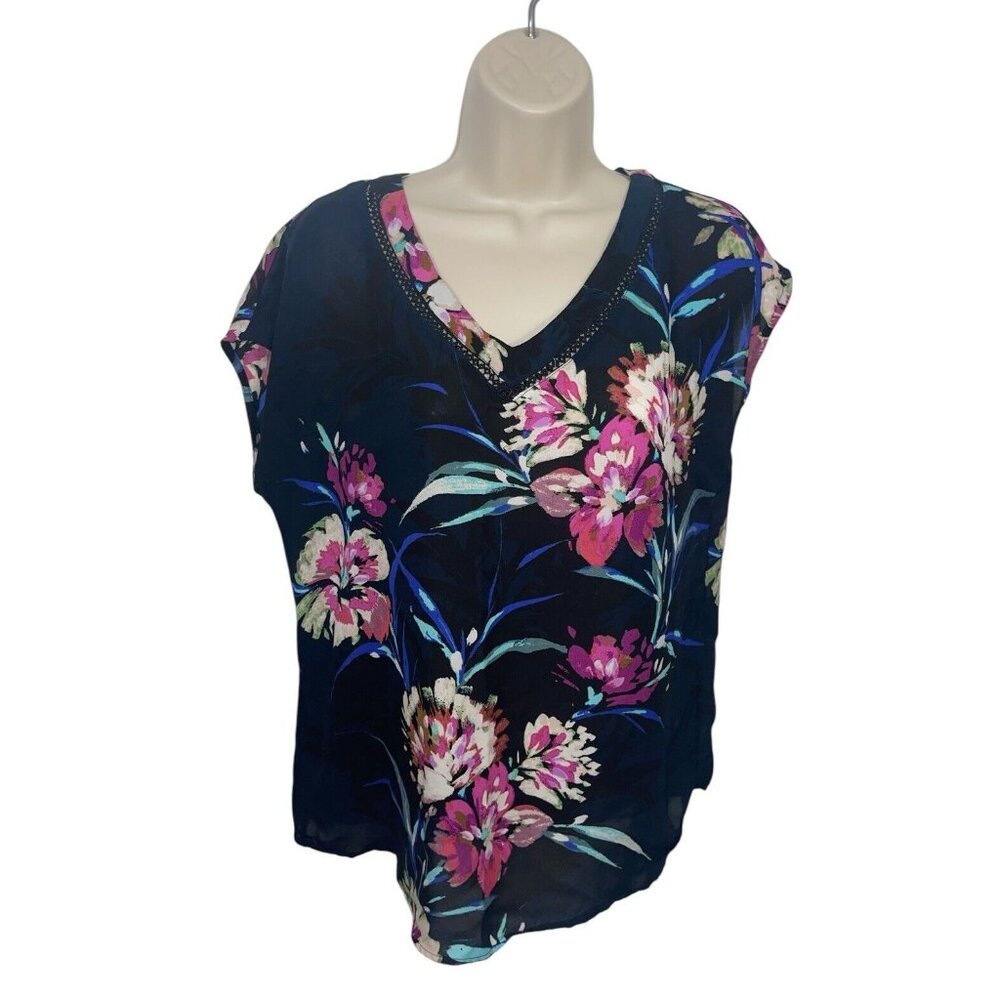VALERIE STEVENS Women's Size Medium Navy Floral Blouse